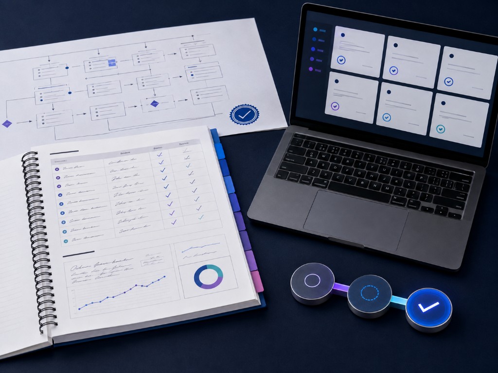 Workbook, process map, and evidence representing coached accountability.
