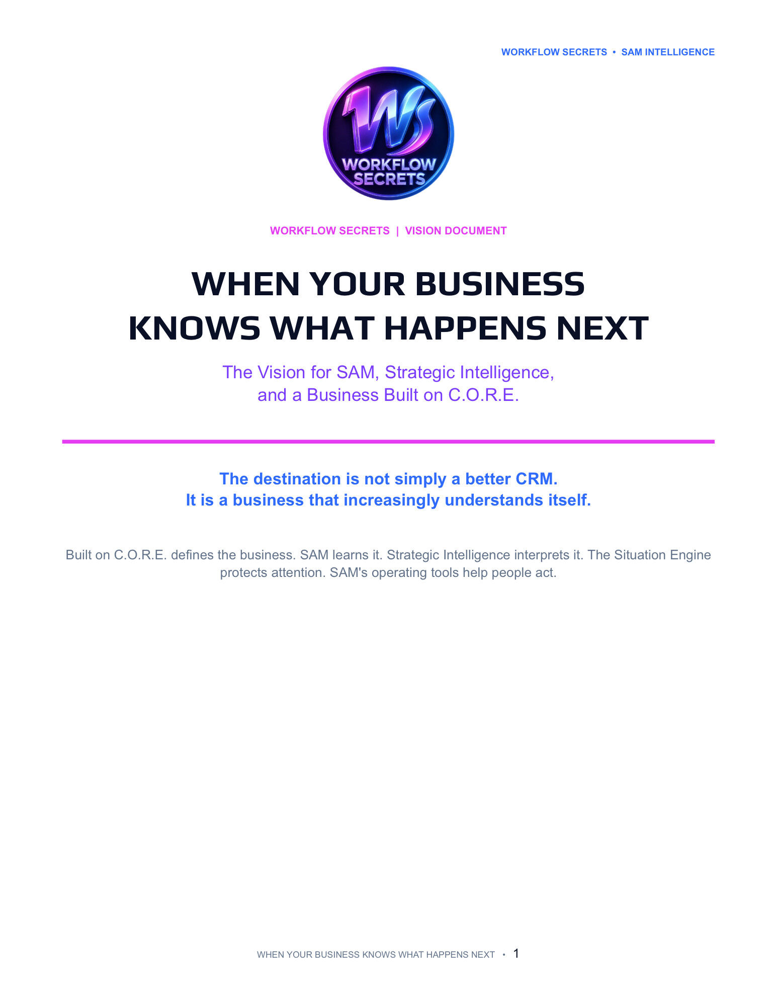 Cover of When Your Business Knows What Happens Next, the vision document for SAM, Strategic Intelligence, and a business built on C.O.R.E.