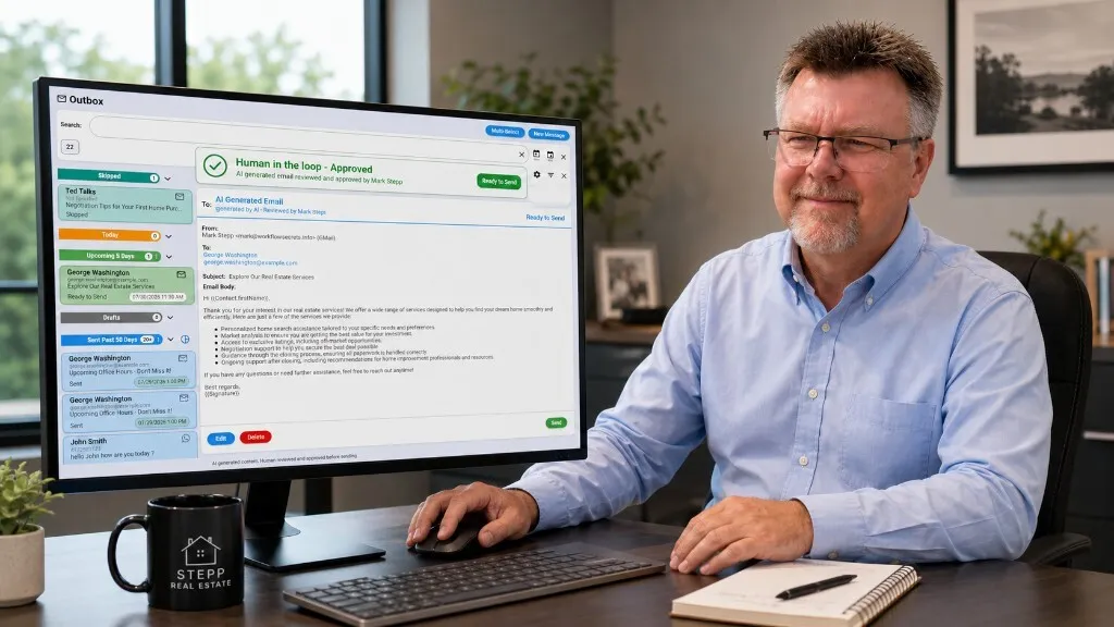 Mark Stepp reviewing an approved AI-drafted email in the SAM Outbox