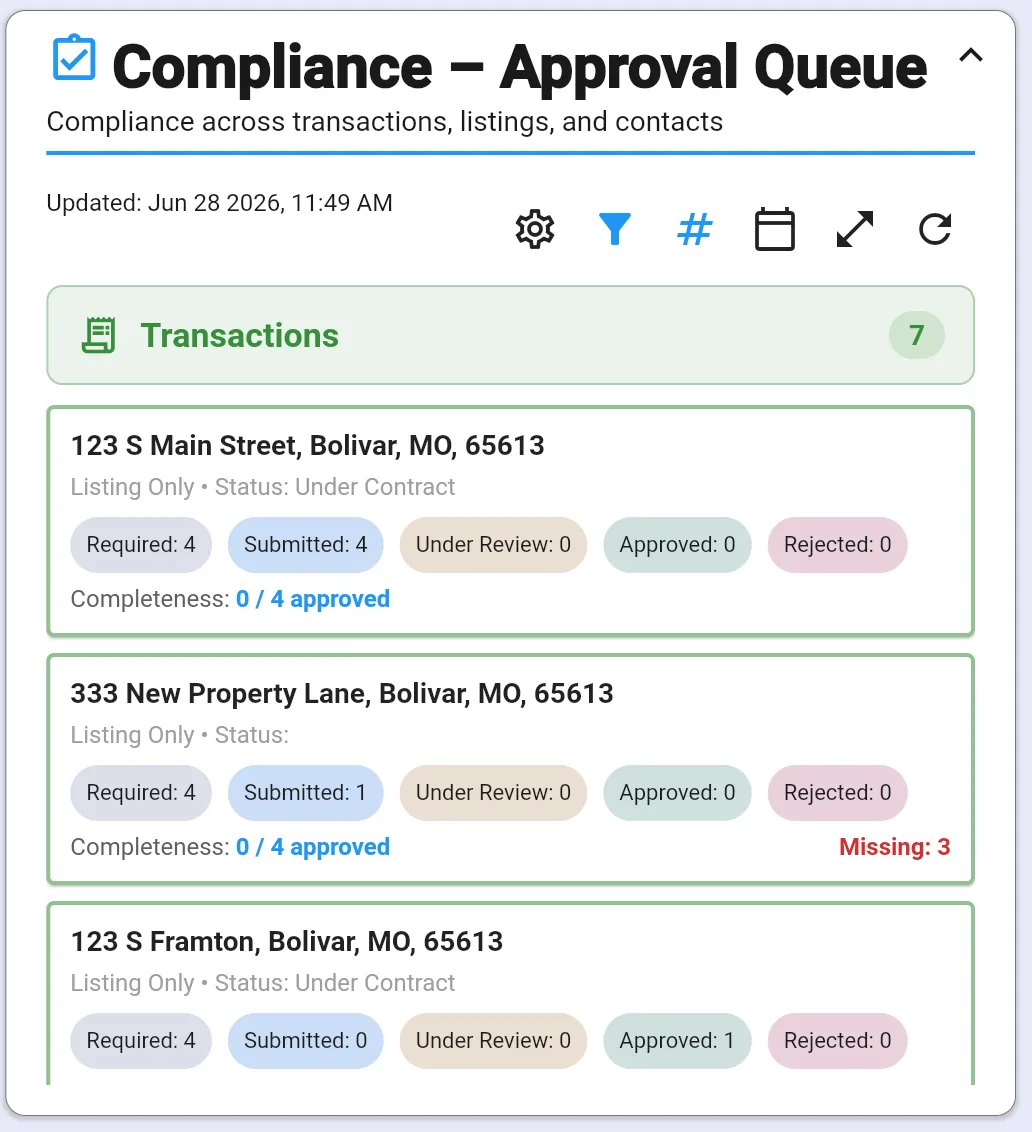 Compliance Approval Queue dashboard widget