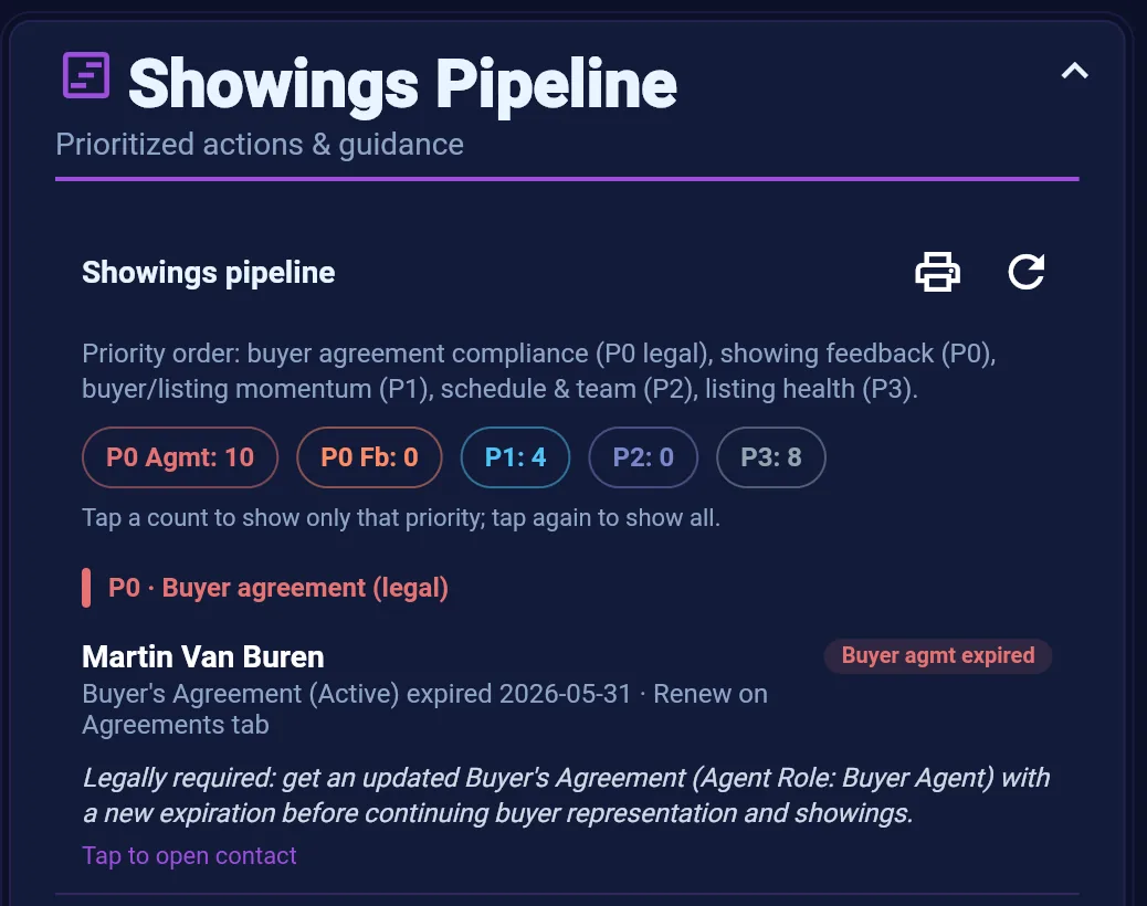 Showings Pipeline dashboard widget