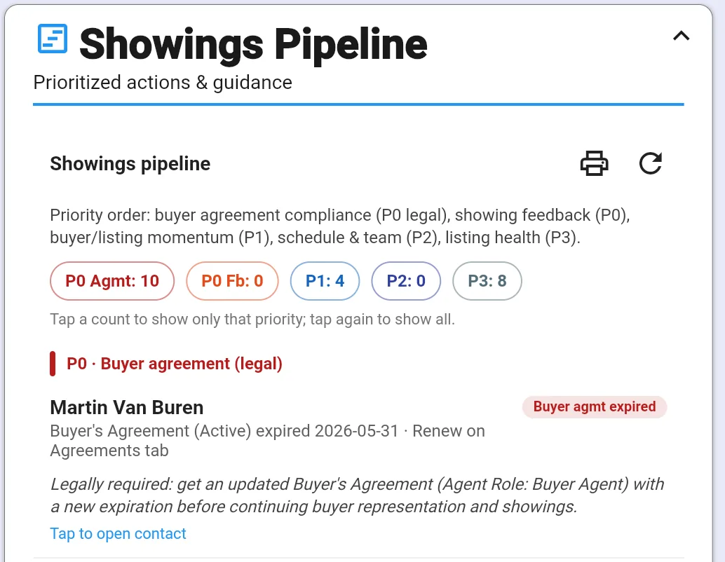 Showings Pipeline dashboard widget