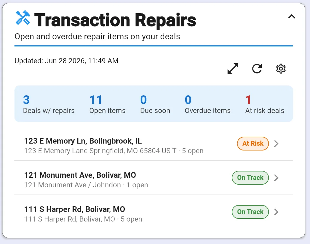 Transaction Repairs dashboard widget